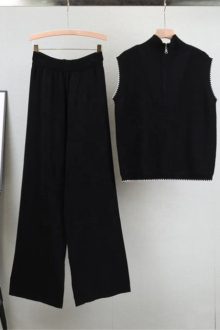 Zipper Sleeveless Knitted Vest Set for Women, Slimming and Wide Leg Pants Two-piece Set Trendy