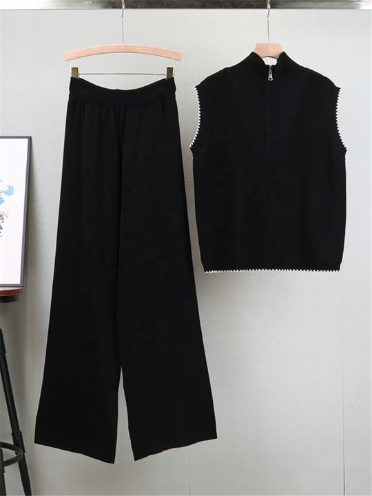 Zipper Sleeveless Knitted Vest Set for Women, Slimming and Wide Leg Pants Two-piece Set Trendy