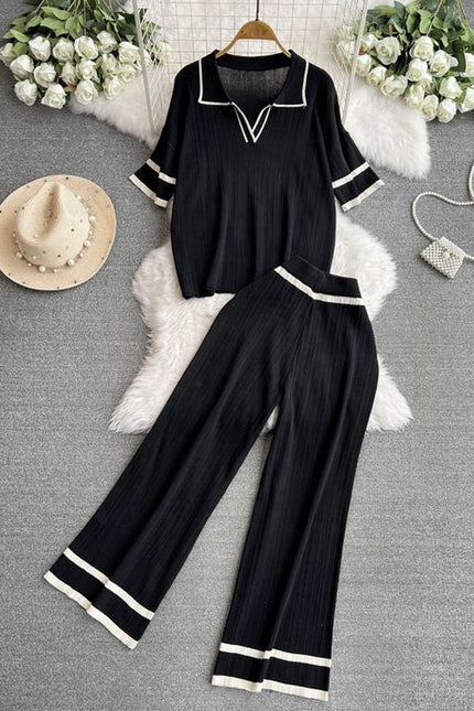2024 New Fashion Set Style Contrast Color Short Sleeved Knitted Shirt+High Waist Slim Wide Leg Pants Set of Two