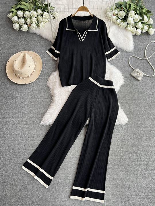 2024 New Fashion Set Style Contrast Color Short Sleeved Knitted Shirt+High Waist Slim Wide Leg Pants Set of Two