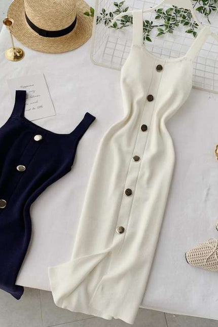 Summer Womens Fashion Dress Vent Button Sleeveless Halter Square Collar Knit Dress