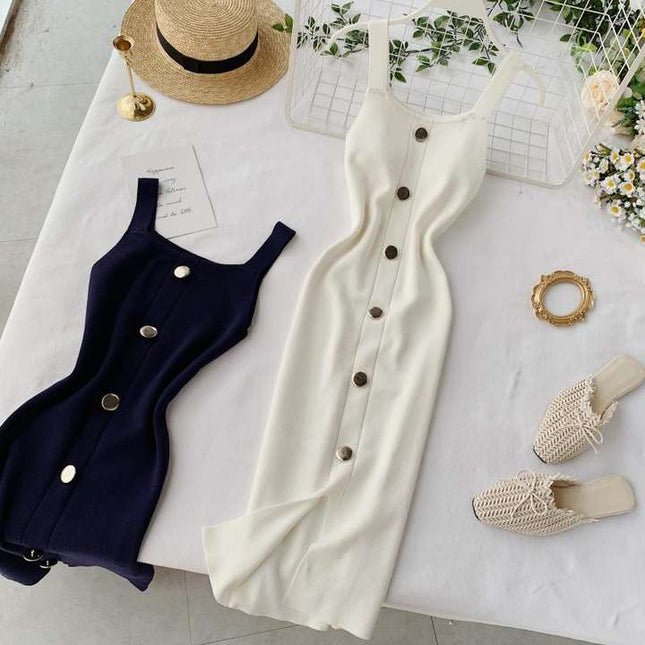 Summer Womens Fashion Dress Vent Button Sleeveless Halter Square Collar Knit Dress