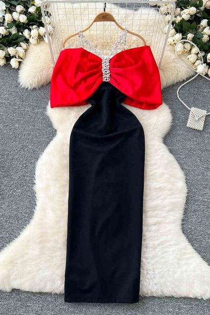 Europe and the United States Fashion Diamond Chain Slim Mid-Length Elegant Evening Dresses