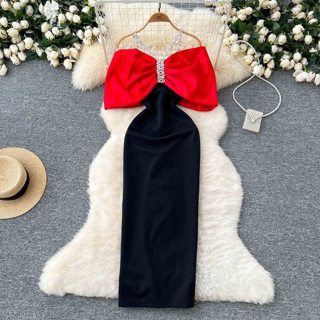 Europe and the United States Fashion Diamond Chain Slim Mid-Length Elegant Evening Dresses