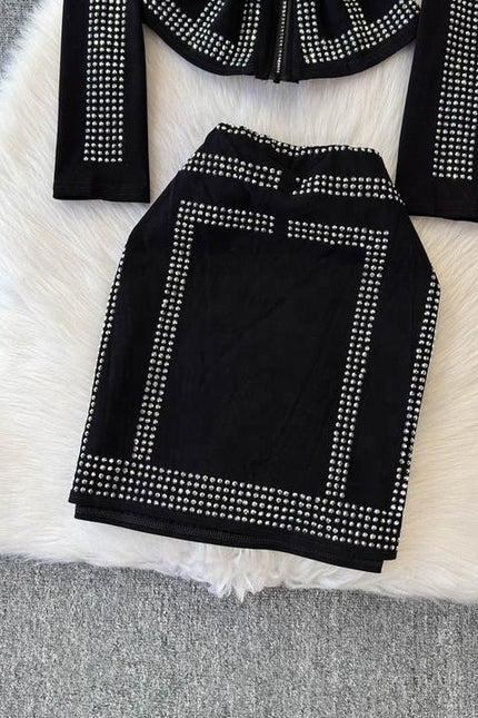 Spring and Autumn New Hot Diamond Cardigan Zipper Top+Hot Diamond A-line Skirt Internet Red Two Piece Set for Women