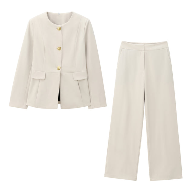 Crew Neck Long Sleeve Beige Color Single Breasted Casual Fashion Jacket for Women