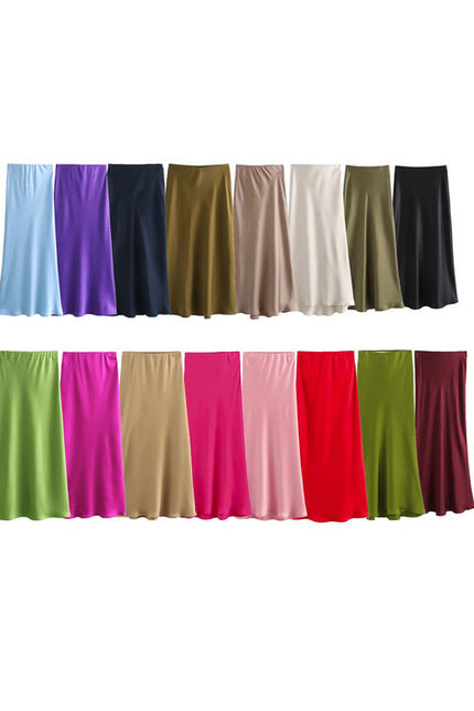 23 Colorway Solid Color Elastic Waist Silky Casual Fashion Satin Long Skirts for Women
