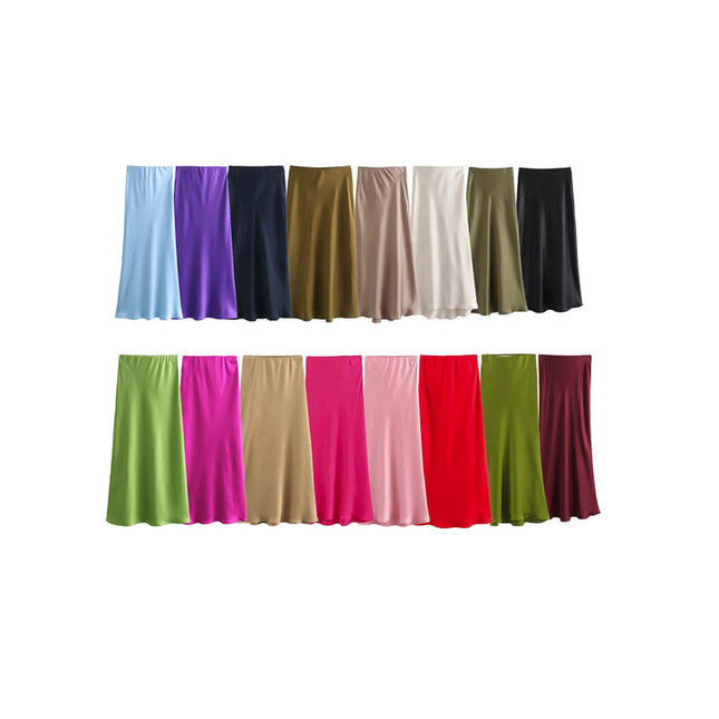 23 Colorway Solid Color Elastic Waist Silky Casual Fashion Satin Long Skirts for Women