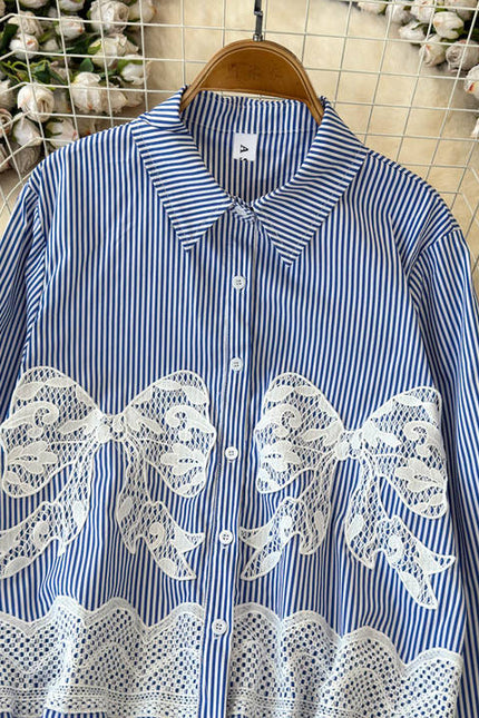 2025 Spring Autumn Simple Style Lace Bow Stripe Long Sleeve Shirt Women's Design Top