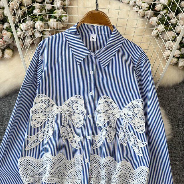 2025 Spring Autumn Simple Style Lace Bow Stripe Long Sleeve Shirt Women's Design Top