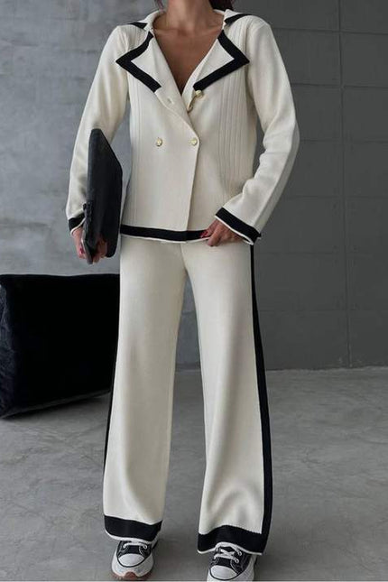 2024 Lapel Casual Top Set Colorblocking Long Sleeve Long Pants Two Piece Suit Set