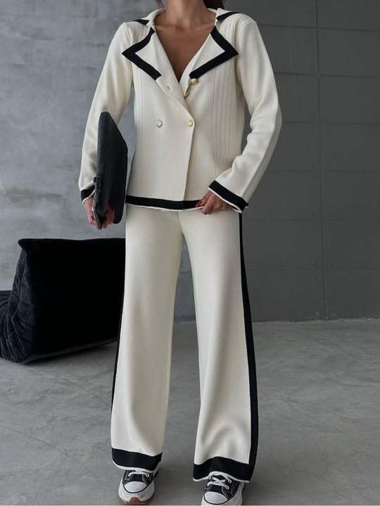 2024 Lapel Casual Top Set Colorblocking Long Sleeve Long Pants Two Piece Suit Set