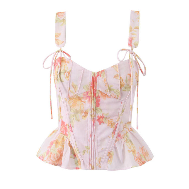 Floral Print Shoulder Strap Front Lace up Casual Fashion Cotton tank Top for Women