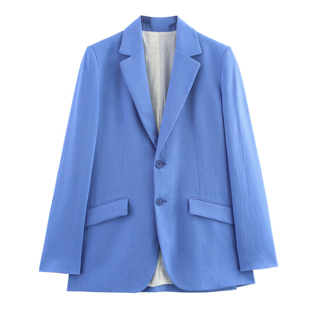 Notched Collar Blue Color Long Sleeve Single Breasted Casual Fashion blazer Jacket for Women