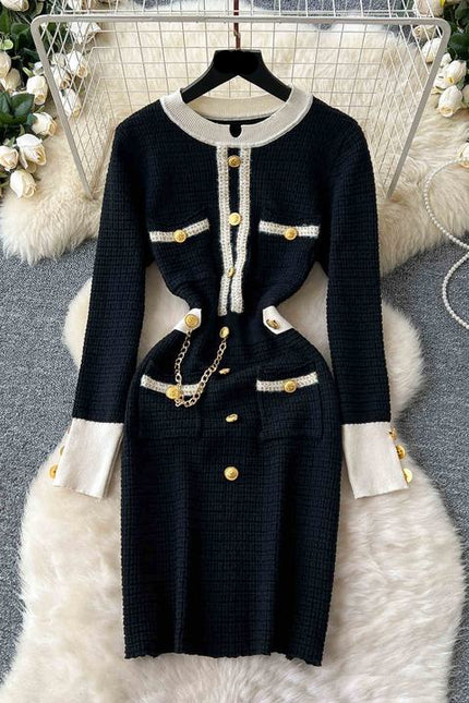 Autumn Winter Knitted Dress Waist Temperament Contrast Color Patchwork Sweater Dress