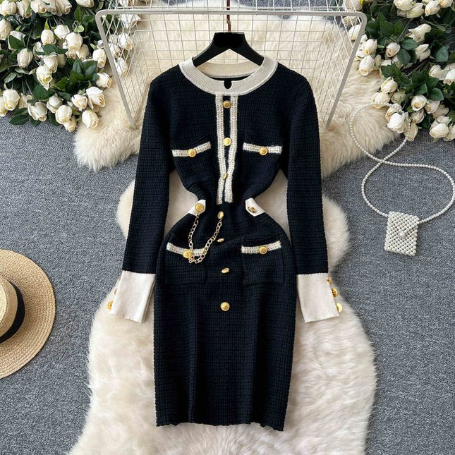 Autumn Winter Knitted Dress Waist Temperament Contrast Color Patchwork Sweater Dress