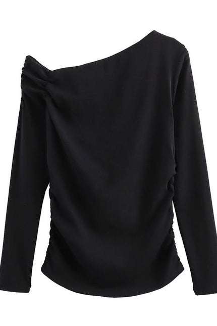 3 Colorway Asymmetrical Collar Solid Color Long Sleeve Pleated Casual Fashion Women t Shirt