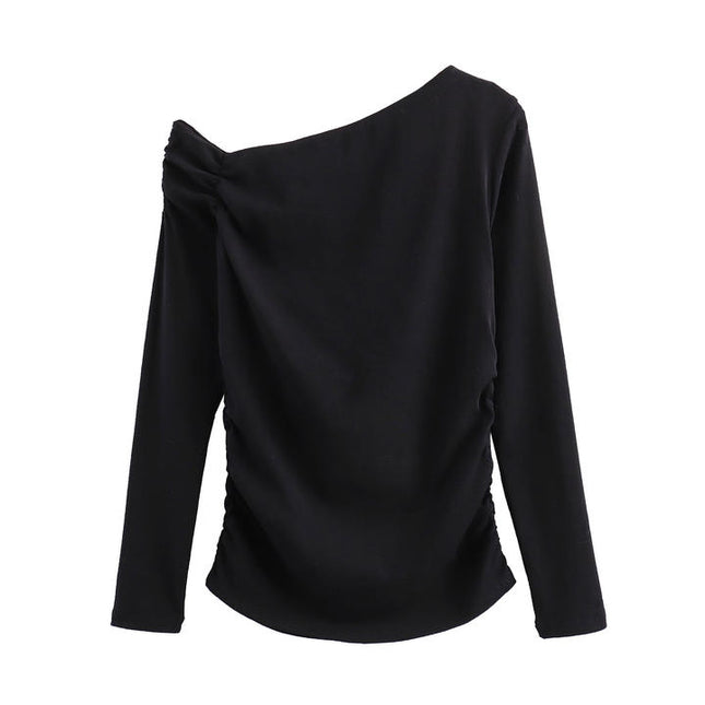 3 Colorway Asymmetrical Collar Solid Color Long Sleeve Pleated Casual Fashion Women t Shirt