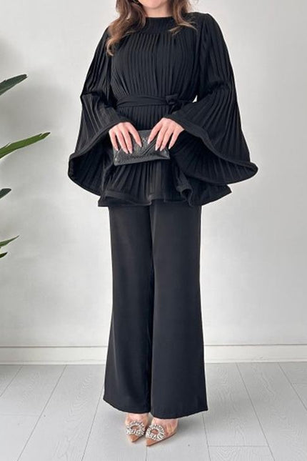 Hot Sale Women'S Suit New Fashion Tie Pleated Loose Top Wide Leg Trousers Two 2 Piece Pants Set Women Clothing