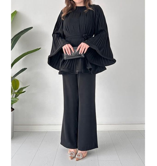 Hot Sale Women'S Suit New Fashion Tie Pleated Loose Top Wide Leg Trousers Two 2 Piece Pants Set Women Clothing