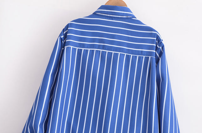 3 Colorway Turn Down Collar Long Sleeve Buttons up Blue Color Casual Fashion Tops Blouse for Women