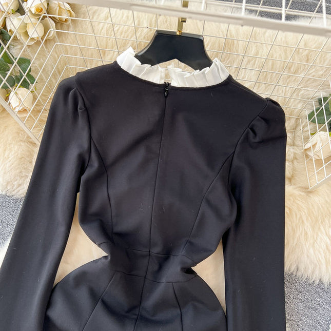Contrast Panel Dress Slim Fit Black Mid Length Dress