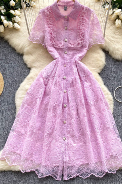 Verão francês Vintage elegante laço bordado lapela vestido vestidos