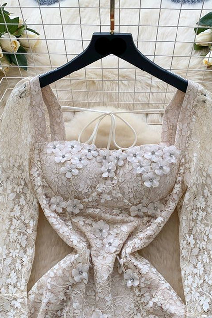 2025 Spring Advanced Sense Heavy Industry Nail Drill Three-dimensional Flower square Collar Trumpet Sleeve Hollow-out Lace Dress