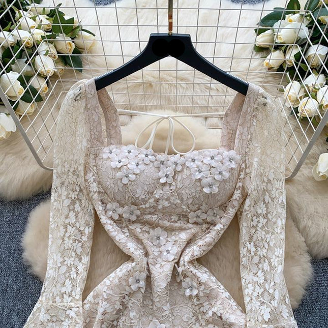 2025 Spring Advanced Sense Heavy Industry Nail Drill Three-dimensional Flower square Collar Trumpet Sleeve Hollow-out Lace Dress
