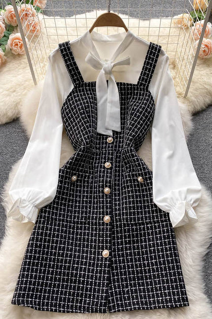 Roupas Outono Top de Manga Longa das mulheres Lace-up Branco Camisa Xadrez Retro Single-breasted Vestido Suspender Two-piece Set Vestido