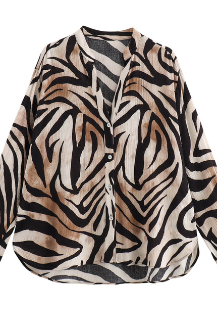 V Neck Buttons up Long Sleeve Animal Print Multi Color Casual Fashion Tops Blouses for Women