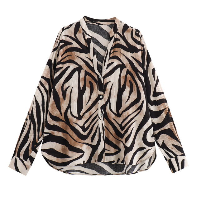 V Neck Buttons up Long Sleeve Animal Print Multi Color Casual Fashion Tops Blouses for Women
