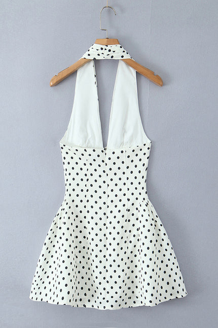 Back Hollow Out White Black Color Polka Dot Print Hot Sale Casual Fashion Summer Mini Halter Dress for Women
