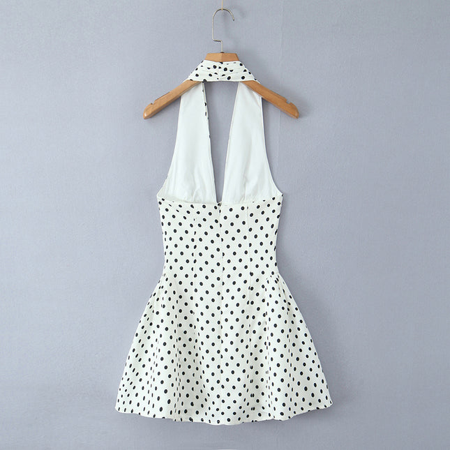 Back Hollow Out White Black Color Polka Dot Print Hot Sale Casual Fashion Summer Mini Halter Dress for Women