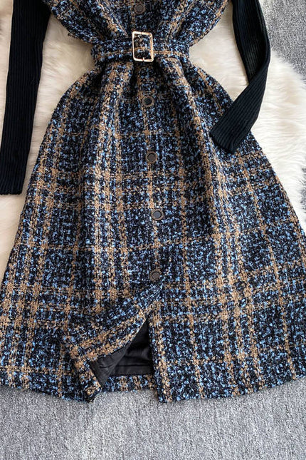 Outono Inverno Malha Top De Lã Elegante Moda Checkered Halter Vestido Conjunto De Duas Peças