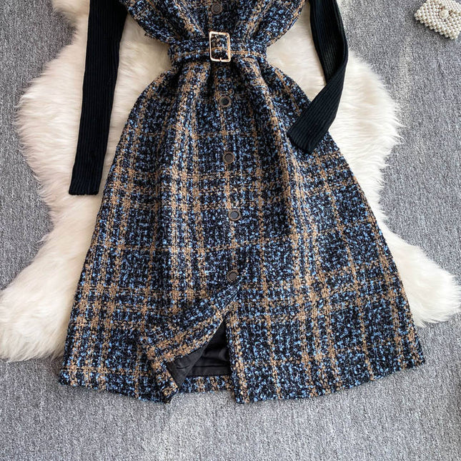 Outono Inverno Malha Top De Lã Elegante Moda Checkered Halter Vestido Conjunto De Duas Peças