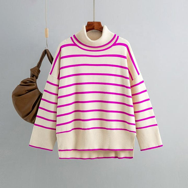 Spring Autumn Vintage Versatile High Neck Striped Loose Sweater Women's Sweater Top
