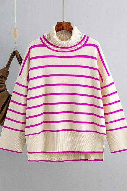 Spring Autumn Vintage Versatile High Neck Striped Loose Sweater Women's Sweater Top