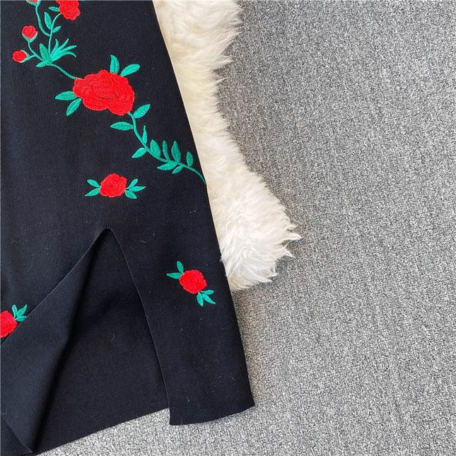 New Rose Embroidered Black Skinny Knitted Strap Split Dress for Women