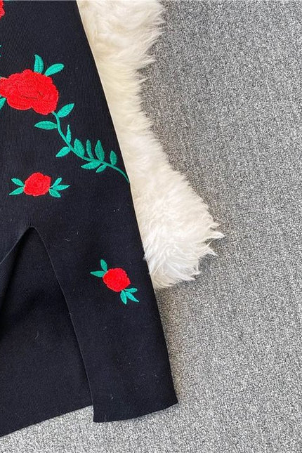 New Rose Embroidered Black Skinny Knitted Strap Split Dress for Women