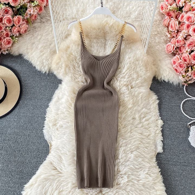 2024 Verão Novo Temperamento Sexy Malha Cadeia Halter Vest Slim Vestidos Apertados