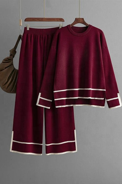Women's Knitting Two-piece Suit Round Neck Long-sleeved Split Top+long-pants Sweater Two-piece Sets