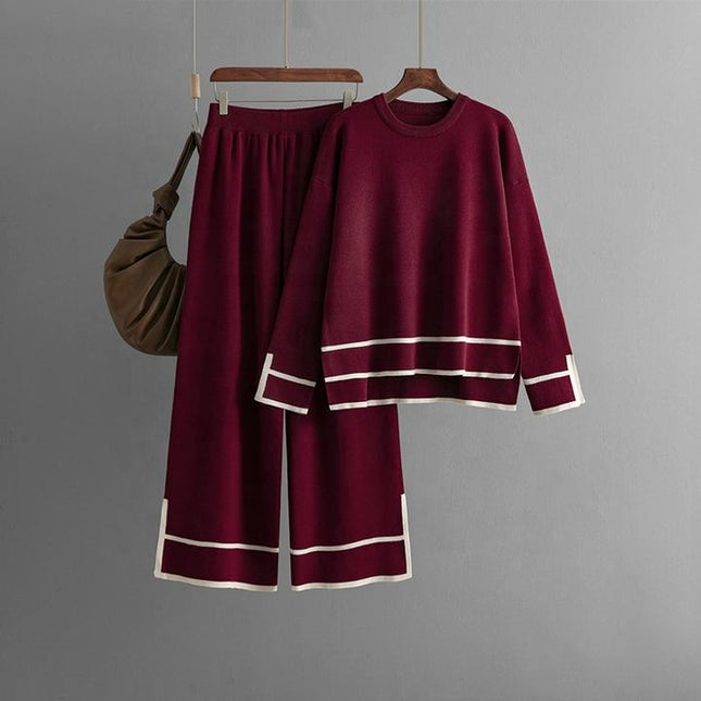 Women's Knitting Two-piece Suit Round Neck Long-sleeved Split Top+long-pants Sweater Two-piece Sets