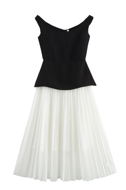 Crew Neck Patchwork Design White Black Color Sleeveless Casual Fashion Summer Long Dress for Women