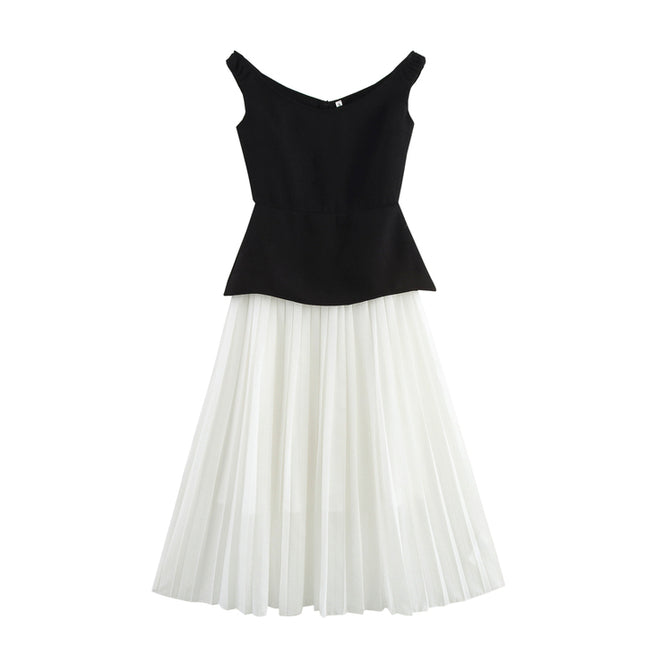 Crew Neck Patchwork Design White Black Color Sleeveless Casual Fashion Summer Long Dress for Women