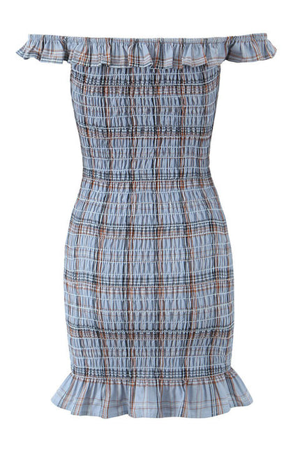 Slash Neck Smocked Plaid Print Front Bow Tie Sleeveless Casual Fashion Mini Dress for Women