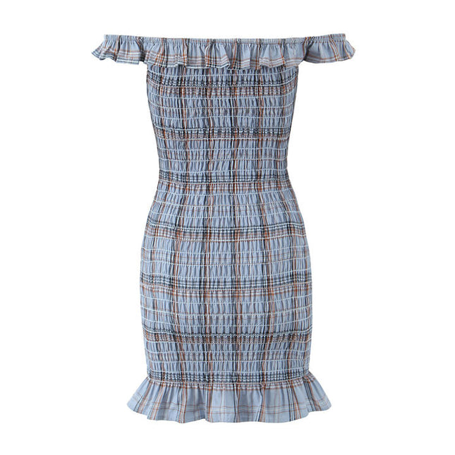 Slash Neck Smocked Plaid Print Front Bow Tie Sleeveless Casual Fashion Mini Dress for Women