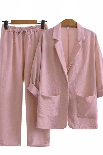 Ladies Cotton Linen 2 Piece Suit Jacket Pants Autumn Loose Fashion Casual Suit Top Set