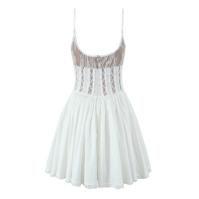Spaghetti Strap White Color Front Lace up Hot Sale Casual Fashion Cotton Mini slip Dress for Women