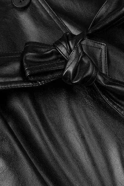 2 Colorway Long Sleeve Sashes Notched Collar Double Breasted Casual Fashion Leather Long Trench Coat for Women